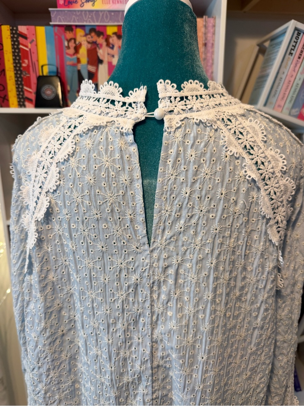 SHEIN Light Blue Eyelet Lace Long Sleeve Blouse - Picture 10 of 15